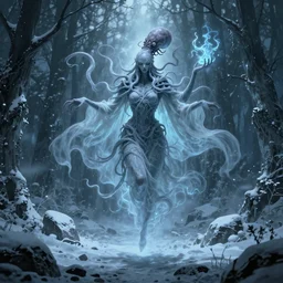 concept designs for an end game boss that is an ethereal ghostly wraith like figure with a squid like parasite latched onto its head and long tentacle arms that flow lazily but gracefully at its sides like a cloak while it floats around a frozen rocky tundra in the snow searching for lost souls and that hides amongst the shadows in the trees, this character has hydrokinesis and electrokinesis for the resident evil village video game franchise with inspiration from the franchise Bloodborne