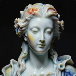 a dark baroque close - up portrait of a rainbow porcelain being made out of white liquid sci - fi vitrified translucent ceramic marble ; china. reflective detailed textures. gloomy black background. highly detailed fantasy science fiction painting by moebius, norman rockwell, frank frazetta, and syd mead. rich colors, high contrast. artstation