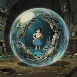 realistic interior shot from howl's moving castle ( 2 0 0 4 ) of a cubic bubble time portal warping a crumbling flooded atlantis, cartoon, depth of field.