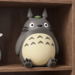 totoro sitting on a shelf in a dark room. totoro is made from plastic that emits light. comic books on shelf