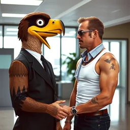 1 9 8 0 s bruce willis from die hard wearing a white tank - top is meeting an an anthropomorphic falcon mascot wearing a business suit, inside an office building.