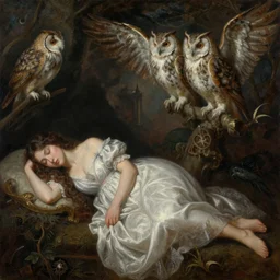 a painting of owls singing nightmares in the ear of sleeping maidens, by ruan jia, by austin osman spare, detailed oil painting, baroque, occult art, esoteric symbolism