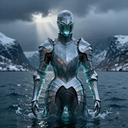 suit of water armor, made of liquid, made of water, rising up from ocean, water armor, norway fjord, medium close up portrait, water armor, studio lighting, stormy seas, beautiful, bokeh, snowy, storm clouds, god rays, d & d, fantasy, elegant, low key color palette, concept art, roger deakins and greg rutkowski and alphonse mucha