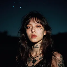 beautiful young woman with gutterpunk pen ink face tattoos stares at the camera, night sky, stars in background, bruce gilden, leica s, fuji 8 0 0, grainy, low light
