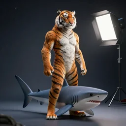studio photo still of a full body humanoid human tiger hybrid shark in a space, 8 k, studio lighting, key light from right side,