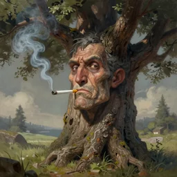 matt painting of an old tree that facial expressions, it's smoking a cigarette, in high detail, fantasy illustration, trending on artstation