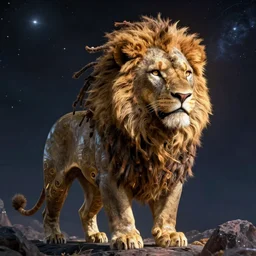 a very high ultrarealistic hyper detailed photo of an psychedelic futuristic lion humanoid with dreadlocks in the cosmos