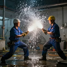 epic fight between plumbers and electricians, dramatic, dynamic, flares, water, cinematic