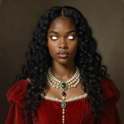 character design, portrait of a attractive brown skinned woman with long black soft curly hair and blind white eyes, medieval, jewels, pearl necklace red dress, painting by wlop and nixeu, beautiful, cgsociety, semirealism, artstation, octane render, sharpness, 8 k, golden ratio
