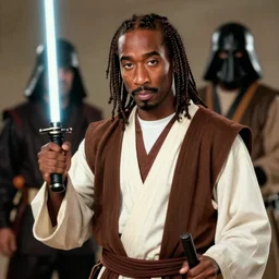 Rapper Tupac Shakur wearing jedi robes playing Mace Windu in the 1990s, ultra realistic, HD, 4K photograph