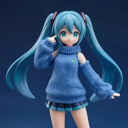 still figurine of hatsune miku in comfy sweater, eyes by kon satoshi, personification, dynamic pose, detailed product photo, featured on amiami, deep blues, tone mapped, beautiful composition, 8 5 mm, f. 1 4