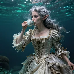 A 18th century, messy, silver haired, (((mad))) elf princess, dressed in a ((ragged)), wedding dress, is ((drinking a cup of tea)). Everything is underwater and floating. Greenish blue tones, theatrical, (((underwater lights))),   fantasyconcept art, inspired by John Singer Sargent's Lady Macbeth