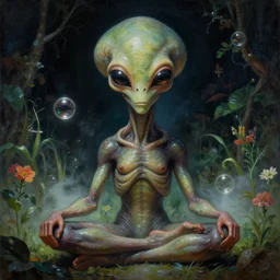 a neoclassicist close - up portrait of a big - eyed sci - fi alien man meditating with plants and flowers in a garden at night with glowing bubbles. reflective textures. glowing fog. highly detailed fantasy science fiction painting by moebius, norman rockwell, frank frazetta, and syd mead. rich colors, high contrast, gloomy atmosphere, dark background. artstation
