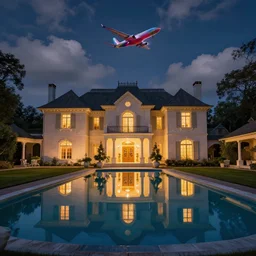 photo of beatiful mansion with a beatiful reflective pool, a colorful plane is flying above the clouds, night, intrictave, 8k highly professionally detailed, HDR, Gcsociety