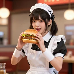 cg render, maid bringing burger, realistic