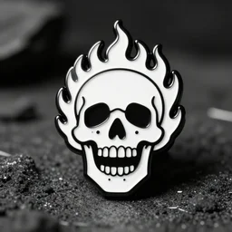 a black and white retro minimalistic laughing ecstatic skull with fire flame enamel pin