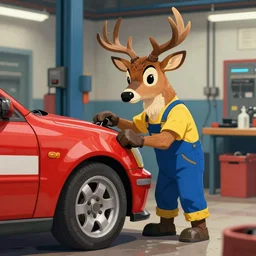 a anthropomorphic buck working on a car in a mechanic shop painted by boris vallejo, vivid colour, trending on artstation, highly detailed, smooth, 8 k