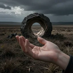A land art. A rip in spacetime. Did this device in her hand open a portal to another dimension or reality?!  by Jacob Hashimoto somber