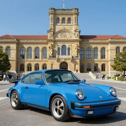 a highly detailed matte painting of a blue porsche 9 1 1 in the style of greg rutkowski and remedios varo in front of neues rathaus, ultra realistic, detailed, intricate, full of color, 4 k, hyperrealistic, focused, extreme details, masterpiece