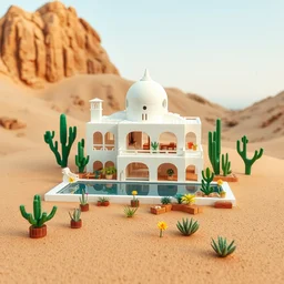 white lego architect building in the dessert, with a lot plants and infinite pool