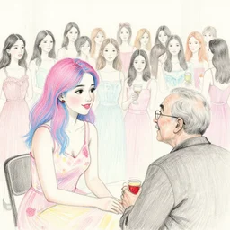 a drawing of a woman - strawberry with pink and blue hair talking to an old man, a busy birthday party with numerous girls in their 2 0 s, pastel and ink on paper