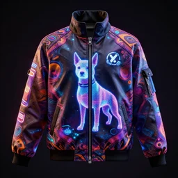 generative design autumn season rave jacket with led screen skin showing logos in the style of cyberdog, futuristic psychedelic hippy, product shot, dark background