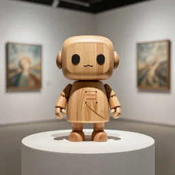 ultra realistic 8k octan photo, wooden art toys on stand, very cute robot zen, in a contemporary art gallery