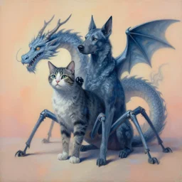 painting of hybrid between cat & dog & dragon, intercrossed animal, cat has eight legs, by zdzislaw beksinski, by lewis jones, by mattias adolfsson, cold hue's, warm tone gradient background, concept art, beautiful composition, digital painting