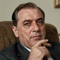 60s movie still close-up portrait of Josip Broz Tito chilling on a armchair with a cigar, cinestill 800t 120mm eastmancolor, cinematic, very detailed, skin texture, high quality