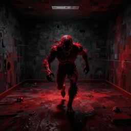 cctv footage of an extremely dark empty room, evil horror cryptid monster chasing towards camera, made out of static, dark deep black shadows, crimson red and black color contrast in the style of trevor henderson and james ensor goya, liminal space, 3 d render, glitch effect