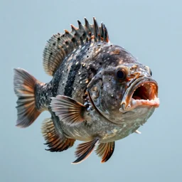 an extraordinary fish with multiple mouths, hairy, plain light blue background, dslr, fine details, centered