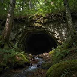 cave entrance in the forest with a small water stream coming out of it, shadow, fantasy, highly detailed, art by greg rutkowski
