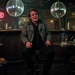 the full - body shot of crying unkempt drunkard brawler ( ( ( ( ( ( joaquin phoenix ) ) ) ) ) ) with sideburns worn in grey jacket in steampunk bar, still shot from withnail & i movie with cinematography of christopher doyle, frostpunk, neon light reflectied from discoball, anamorphic, optical flares, kodak film, masterpiece, 8 k