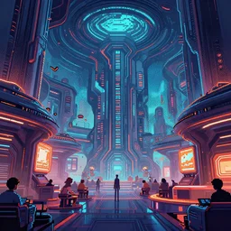 futuristic cyberpunk venue, interior architecture view, beautiful detailed pixelart by albertov, intricate details, beautiful, dithered gradients, volumetric lighting, cgsociety, artstation, smooth, sharp focus, 2 d illustration, by greg rutkowski, amazing art by dan mumford