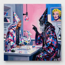 a masterpiece painting in the laboratory of a technomancer wizard, in dazzle camouflaged robes, pointed hoods, the wizard discusses sentience with his al djinn by remedios varo and anato finnstark and greg rutkowski and andy warhol and francis picabia. dayglo pink and blue, prismatic, pearlescent white, raven black, glowing, hyperrealism, 8 k, trending on artstation