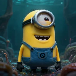 glistening slimy minion with sharp teeth rising from the abyss, horrifying atmosphere, photorealistic