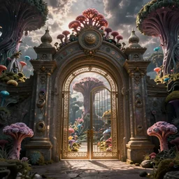 The gate to the eternal kingdom of mycelia, fantasy, digital art, HD, detailed.
