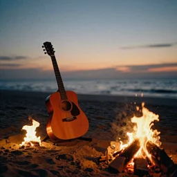 kodak portra 400 photo of an acoustic guitar and a campfire on the beach at sunset, golden hour, dimly lit