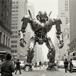 old black and white photo, 1 9 1 3, depicting a giant biomechanical alien monster kaiju robot rampaging through the bustling streets of new york city, historical record