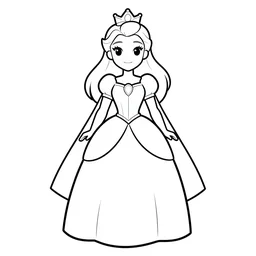 figure princess superhero, cape, marvel, cape, dress, powerful, beautiful, in the coloring book style, black and white, simplified, minimalist, plain background, cartoon, big eyes