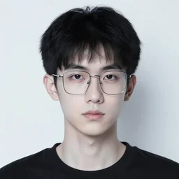 a man in his mid twenties, with thin square frame glasses, very short black hair, pale white skin