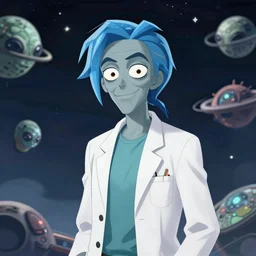 rick sanchez with blue hair, grey skin, white lab coat on alien planet by josan gonzalez splash art graphic design color splash high contrasting art, fantasy, highly detailed, art by greg rutkowski