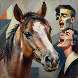 close up of a horses face full of pain, pleasure, fear, love, joy and agony. detailed abstract painting by josef albers, by mc escher, by raqib shaw, japanese popsirrealism, cubism,
