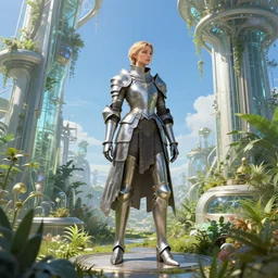 female knight errant in a high tech botanical world with blue skies| pristine metals, glass and plants | solarpunk | artstation | | high detail | Jules Joseph Lefebvre, Vincent Callebaut