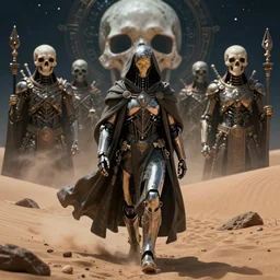 a cyborg dressed in a large cloak walking through a dangerous desert, skull, guardians, night. close up, in the center, centered, epic, intrincate, volumetric, other dimension, by moebius, jean giraud & kilian eng moebius style