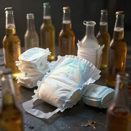 diapers and bottles of beer, dim volumetric lighting, 8 k octane beautifully detailed render, post - processing, extremely hyper - detailed, intricate, epic composition, cinematic lighting, masterpiece, trending on artstation, detailed detailed detailed, masterpiece, stunning art, wonderful masterpiece, beautiful cinematic light