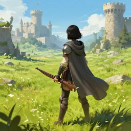 a warrior girl with short black hair wearing a gray cloak and boots holding a crossbow standing in a meadow with medieval fantasy landscape with castle in the distance, shot from behind, fantasy art, digital art, by andreas rocha, trending on artstation, vibrant colors
