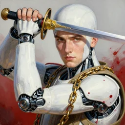 portrait of a young white hero using his right arm to hold his sword covering his eye by yoji shinkawa, high quality, extra details, realism, ornate, colored, golden chain, blood, white skin, short hair, brown eyes, vivid, sunlight, dynamic, american man, freedom, white american soldier, painting, cybernetics, military
