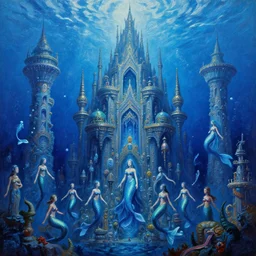 highly detailed pleadian towers and worlds with mermaids swimming in the deep with blue hue oil painting