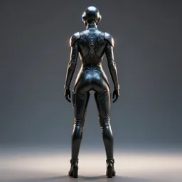 futuristic warrior with latex suite details, with his back to the viewer, futuristic space suite, back light, full body view, 8 k, 3 d render, cinematic lighting